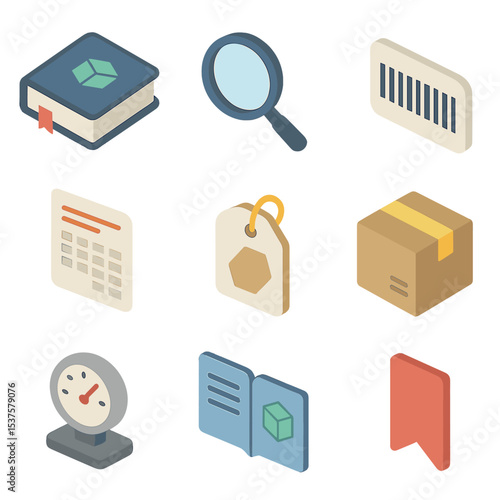 Controlled Goods Icons. Isometric Flat icon set of Controlled Goods Classification: commodity code book, magnifying glass, barcode