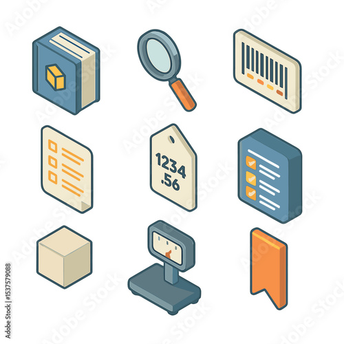 Controlled Goods Icons. Isometric Flat icon set of Controlled Goods Classification: commodity code book, magnifying glass, barcode