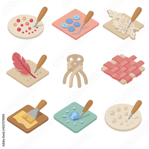 Couture Embellishment Icons. Isometric Flat icon set of couture embellishment techniques: hand beading, sequin embroidery, lace