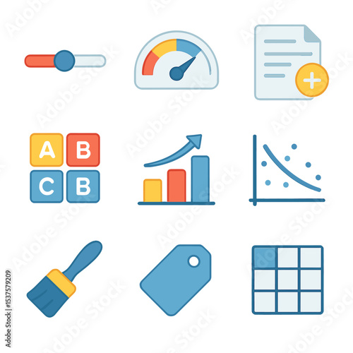 Data Preprocessing Icons. Isometric Flat icon set of Data Preprocessing Steps: normalization slider, standardization meter,