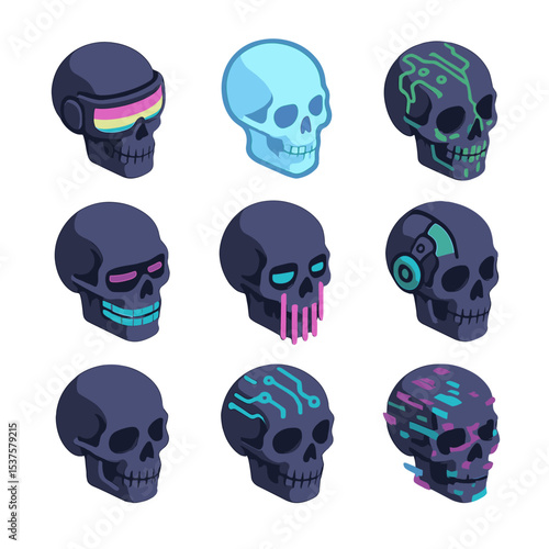 Cyberpunk Skull Icons. Isometric Flat icon set of cyberpunk skull designs: skull with neon visor, holographic skull, circuit-board