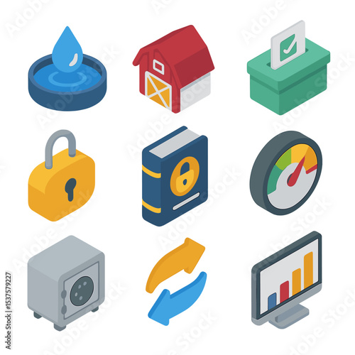 DeFi Services Icons. Isometric Flat icon set of Decentralized finance services (DeFi): liquidity pool drop, yield farm barn,