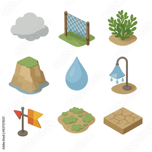Desert Fog Icons. Isometric Flat icon set of fog desert lomas: fog bank, condensation net, hardy shrub, coastal cliff, moisture