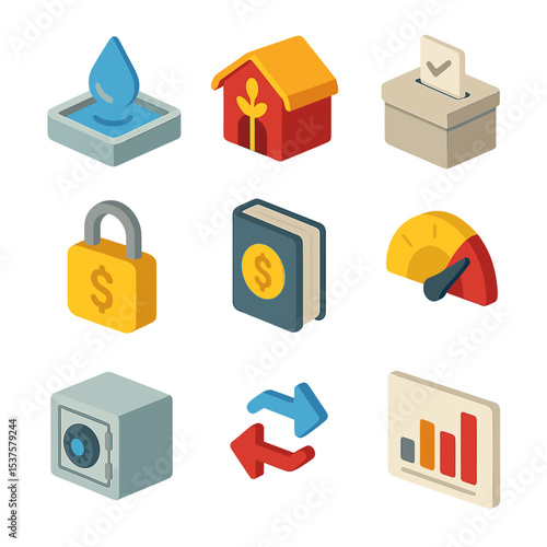 DeFi Services Icons. Isometric Flat icon set of Decentralized finance services (DeFi): liquidity pool drop, yield farm barn,
