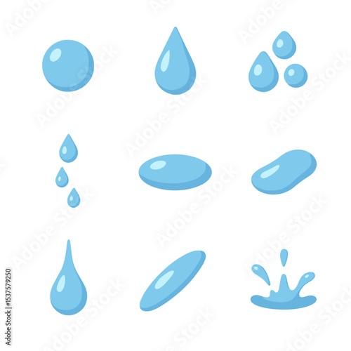 Dew Drop Icon Set. Isometric Flat icon set of dew drop formations: spherical droplet, elongated drop, bead cluster, droplet trail,