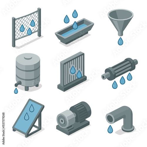 Dew Harvest Icons. Isometric Flat icon set of dew harvest systems: condensation mesh, collection trough, funnel, storage tank,