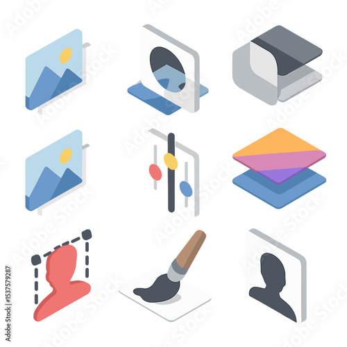 Digital Collage Icon Set. Isometric Flat icon set of digital collage tools: photo layers, clipping mask, blend modes, texture