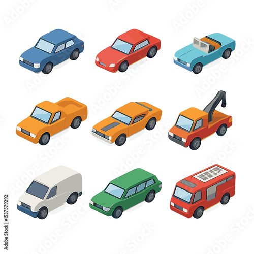 Die-Cast Car Icons. Isometric Flat icon set of die-cast toy cars: miniature sedan, sports coupe, vintage convertible, pickup truck