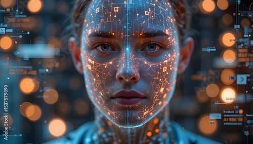 > Split view of a real person and their glowing digital twin avatar showing real-time health metrics, floating charts, medical AI interface – healthcare and wellness technology visual