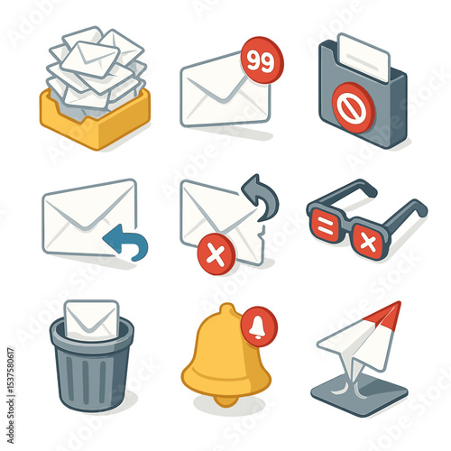 Email Overload Icons. Isometric Flat icon set of email overload frustration: overflowing inbox tray, unread count badge, spam