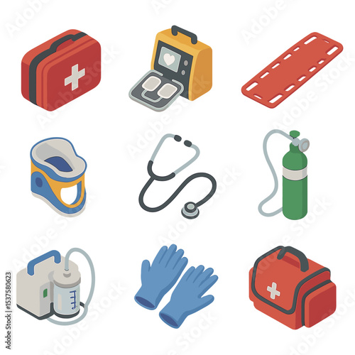 Emergency Equipment Icons. Isometric Flat icon set of Emergency medical equipment use: trauma kit, defibrillator, spine board,