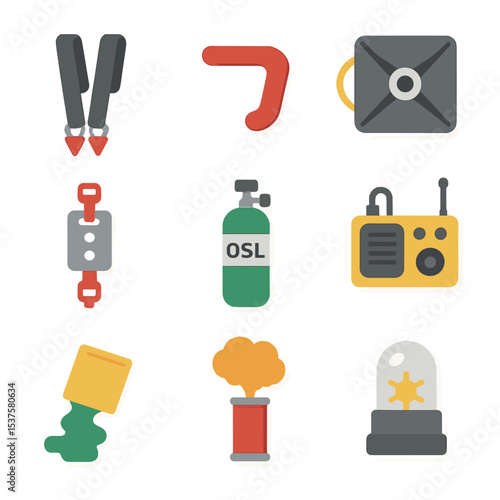 Emergency Gear Icon Set. Isometric Flat icon set of Emergency Procedures Gear: reserve riser, cutaway handle, reserve deployment