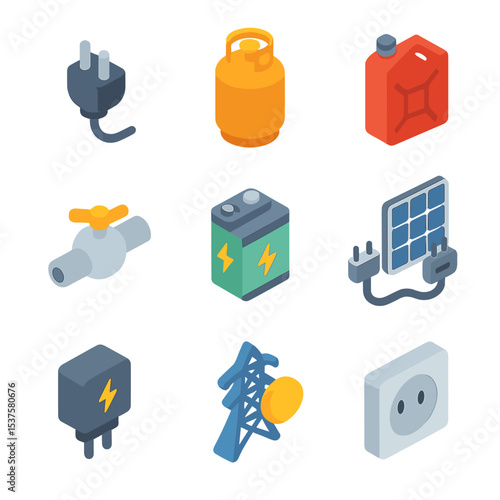 Energy Sources Icons. Isometric Flat icon set of energy sources: electric plug, propane cylinder, kerosene canister, natural gas