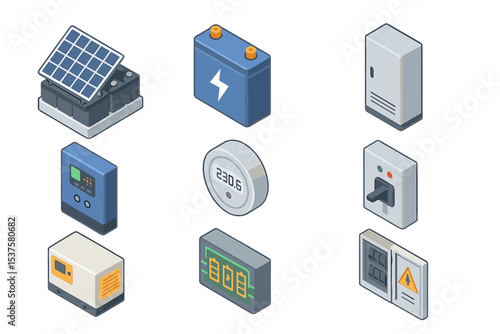 Energy Storage Icons. Isometric Flat icon set of energy storage integration: solar battery bank, lithium-ion battery, battery