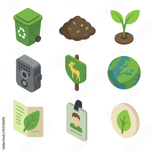Environmental Tools Icons. Isometric Flat icon set of Environmental conservation tools: recycling bin, compost pile, tree sapling,