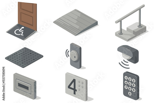 Entryway Accessibility Icons. Isometric Flat icon set of entryway accessibility: wheelchair ramp, threshold ramp, handrail,