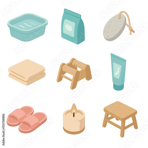 Foot Soak Essentials. Isometric Flat icon set of Foot soak relaxation: foot tub, Epsom salt packet, pumice stone, towel, foot