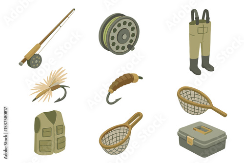 Fly Fishing Gear. Isometric Flat icon set of Fly fishing gear: fly rod, reel, floating line, dry fly, nymph, waders, fishing vest,