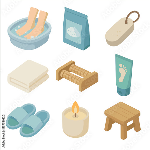 Foot Soak Essentials. Isometric Flat icon set of Foot soak relaxation: foot tub, Epsom salt packet, pumice stone, towel, foot