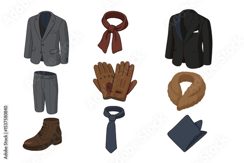 Formal Winter Attire Icons. Isometric Flat icon set of formal winter attire: tailored wool blazer, silk neck scarf, velvet tuxedo