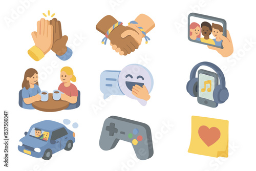 Friendship Icon Collection. Isometric Flat icon set of friendship connection: high-five, matching friendship bracelets, group