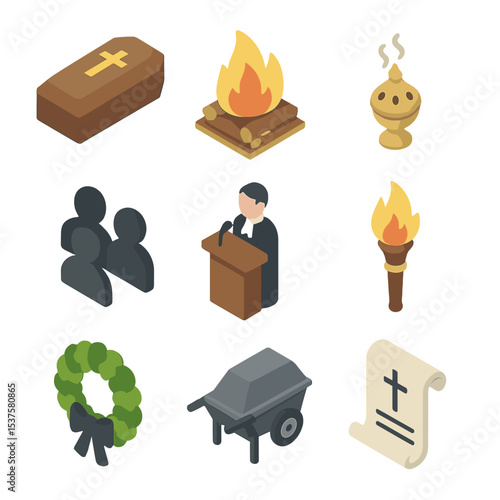Funeral Rites Icons. Isometric Flat icon set of funeral rites: casket, funeral pyre, incense burner, mourners silhouette,