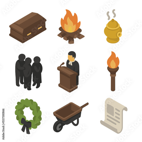 Funeral Rites Icons. Isometric Flat icon set of funeral rites: casket, funeral pyre, incense burner, mourners silhouette,