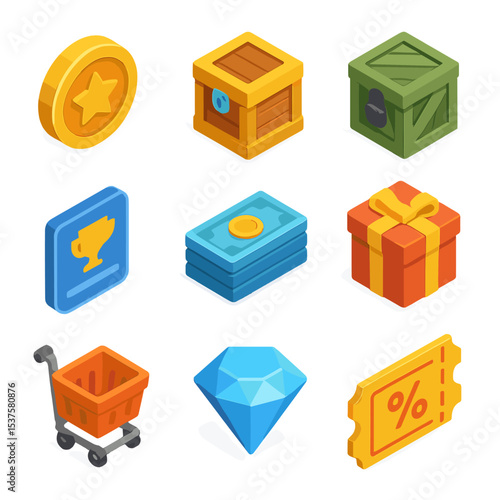 Game Economic Icons. Isometric Flat icon set of in-game economy items: virtual currency coin, loot box crate, skin crate box,
