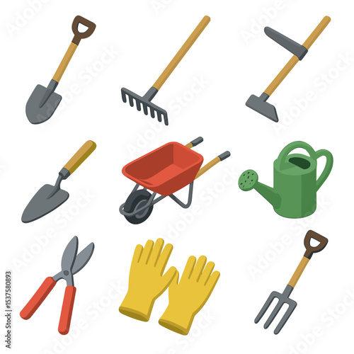 Garden Tools Icon Set. Isometric Flat icon set of vegetable garden tools: spade, rake, hoe, trowel, wheelbarrow, watering can,