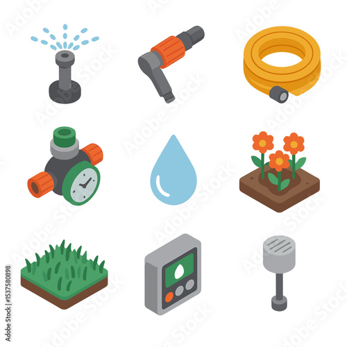Garden Irrigation Icons. Isometric Flat icon set of Garden Irrigation Sprinkles: sprinkler head, adjustable nozzle, garden hose,
