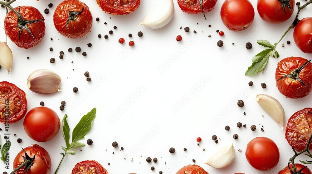 Tomatoes, garlic, and peppercorns frame a bright white background Tomatoes, garlic, and peppercorns frame a bright white background