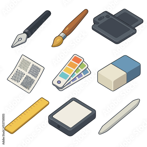 Graphic Art Tools. Isometric Flat icon set of graphic novel art tools: inking pen, brush nib, digital tablet, screen tones sheet,