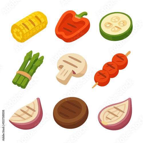 Grilled Vegetables Grid. Isometric Flat icon set of vegetable grilling platter: corn cob, bell pepper half, zucchini slice,