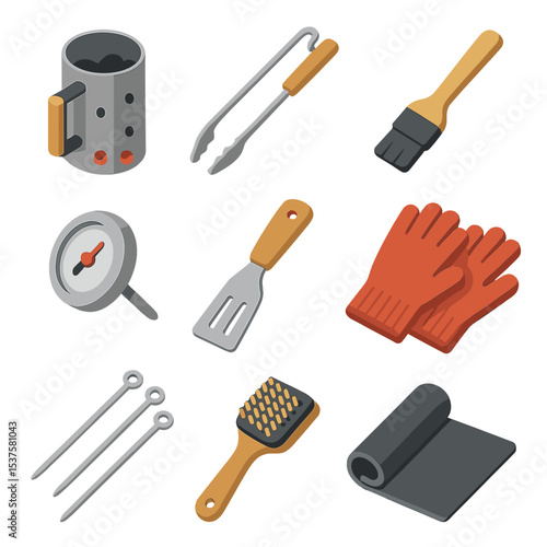 Grilling Tools Icons. Isometric Flat icon set of grilling tools and accessories: charcoal chimney, grill tongs, basting brush,