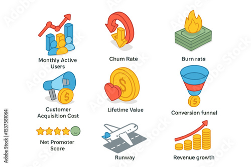 Growth Metrics Icons. Isometric Flat icon set of growth metrics: monthly active users, churn rate, burn rate, customer acquisition