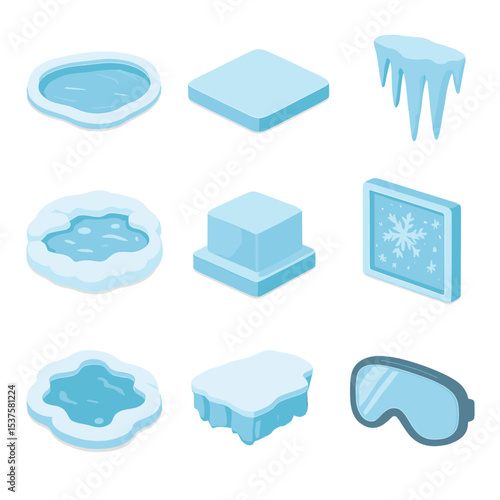Ice and Snow Icons. Isometric Flat icon set of ice and snow reflections: frozen pond, ice sheet, icicle cluster, snow-covered lake