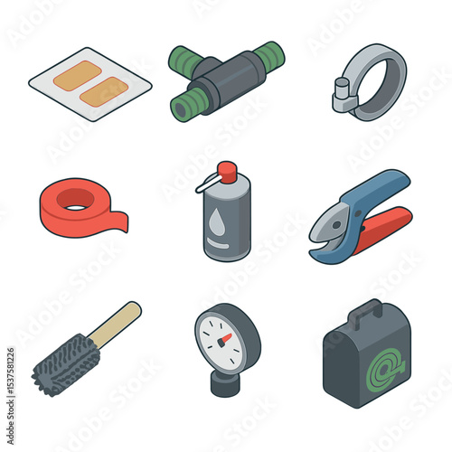 Hose Repair Icons. Isometric Flat icon set of Hose maintenance and repair: hose patch kit, repair coupling, clamp, sealant tape,