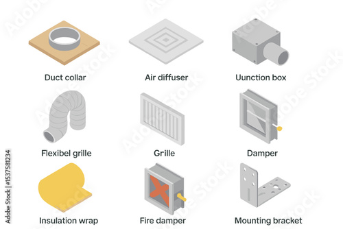 HVAC Icon Grid. Isometric Flat icon set of HVAC ceiling integration: duct collar, air diffuser, junction box, flexible duct,