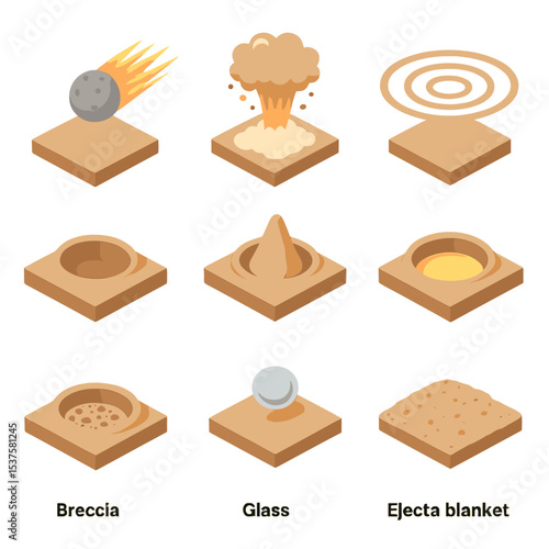 Impact Crater Icon Set. Isometric Flat icon set of impact crater formation: high-speed impact, ejecta plume, shockwave rings,