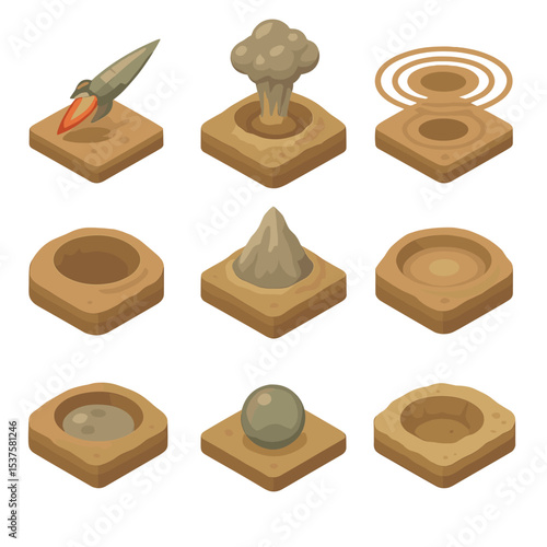 Impact Crater Icon Set. Isometric Flat icon set of impact crater formation: high-speed impact, ejecta plume, shockwave rings,