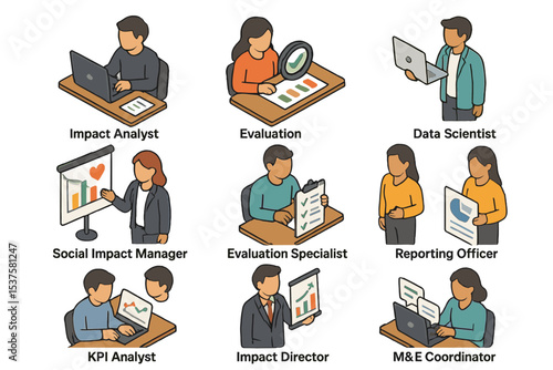 Impact Roles Icon Set. Isometric Flat icon set of impact assessment roles: Impact Analyst, Monitoring & Evaluation Officer, Data