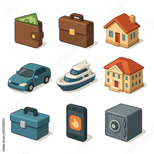 Income Tier Icons. Isometric Flat icon set of Income level tiers: low income wallet, lower-middle income briefcase, middle income