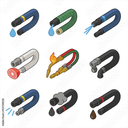 Industrial Hose Icon Set. Isometric Flat icon set of Industrial hose applications: chemical transfer hose, suction hose, pressure