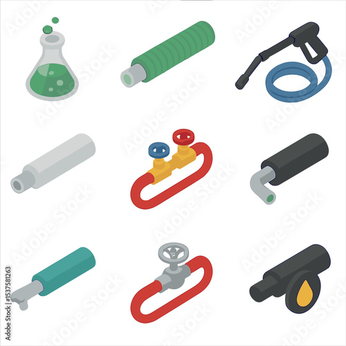 Industrial Hose Icon Set. Isometric Flat icon set of Industrial hose applications: chemical transfer hose, suction hose, pressure
