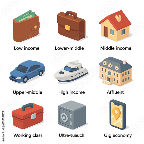 Income Tier Icons. Isometric Flat icon set of Income level tiers: low income wallet, lower-middle income briefcase, middle income