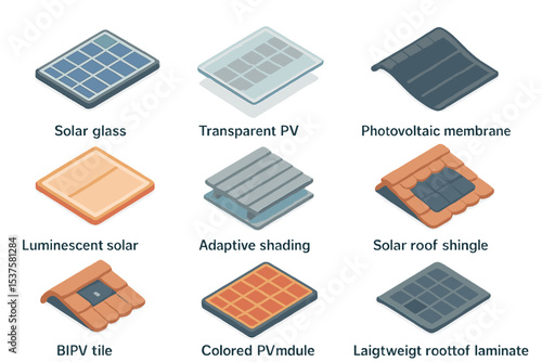 Innovative Roof Materials Icons. Isometric Flat icon set of innovative roof materials: solar glass panel, transparent PV sheet,