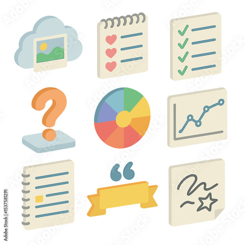 Journaling Prompt Icons. Isometric Flat icon set of journaling prompts: memory cloud, gratitude list, goal checklist, reflection