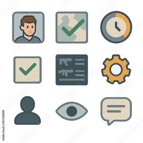 Lobby Interface Icons. Isometric Flat icon set of lobby interface elements: character select portrait, map vote tick, countdown