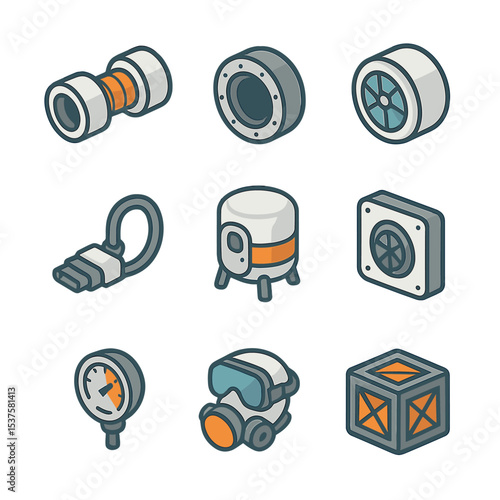 Lunar Habitat Icon Set. Isometric Flat icon set of Lunar habitat support roles: habitat connector, docking port, life support vent