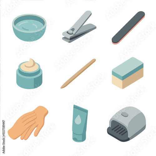 Manicure Icon Set. Isometric Flat icon set of basic manicure steps: soak bowl, nail clipper, file board, cuticle cream, push stick